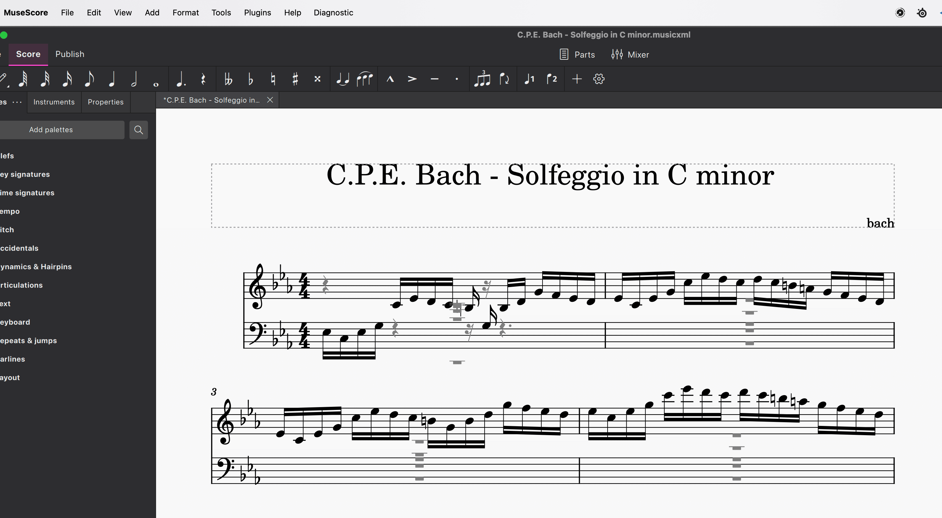 A transcribed score opened in MuseScore, ready for editing