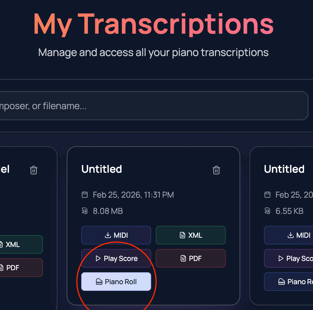 My Transcriptions page with the Piano Roll button highlighted