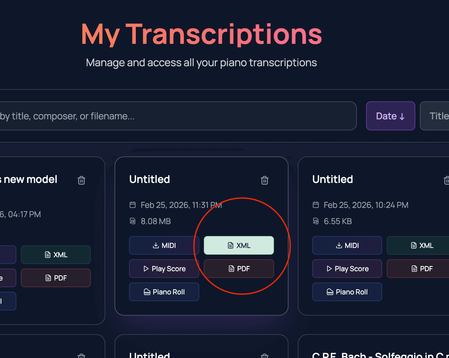 My Transcriptions page with the XML download button highlighted