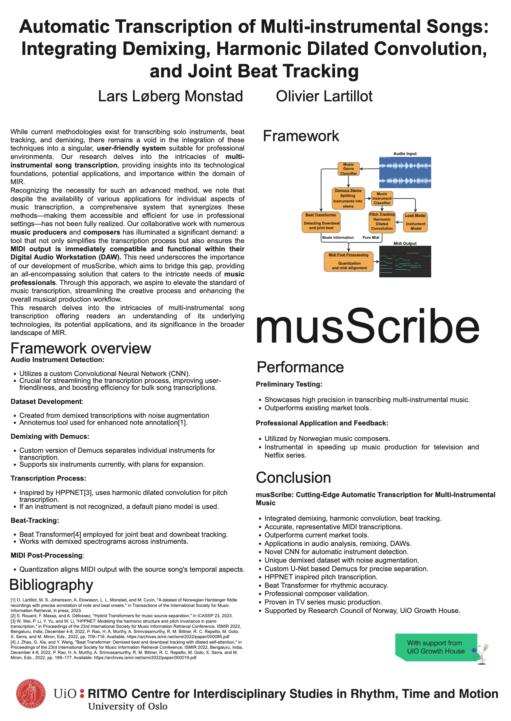 Automatic Transcription of Multi-Instrumental Songs: Integrating Demixing, Harmonic Dilated Convolution, and Joint Beat Tracking