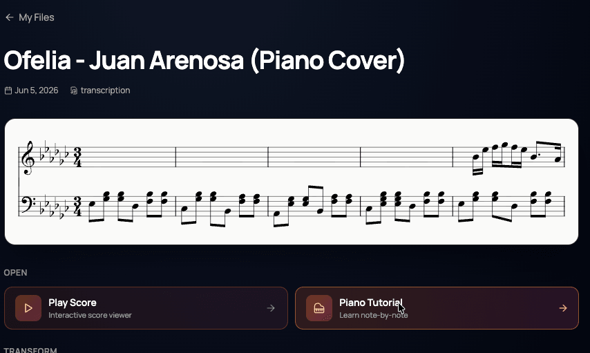 My Transcriptions page with the Piano Roll button highlighted