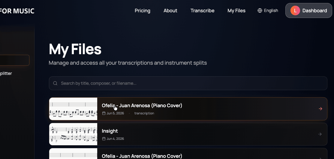 The My Files page — click the song you want to learn
